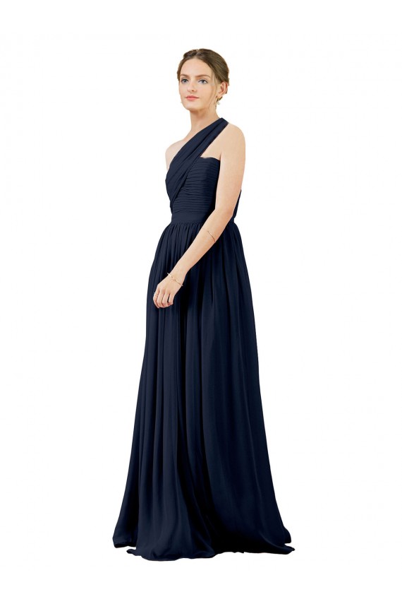 Sleeveless One Shoulder Chiffon Dark Navy Long Bridal Party Dress / Evening Dress Adelaide
