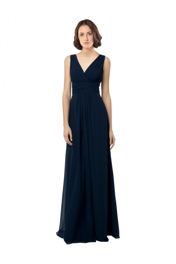 Sleeveless V-Neck Chiffon Dark Navy Long Bridal Party Dress Adelaide