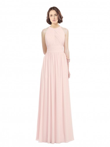 Sleeveless Halter Neck Soft Chiffon Pink Long Bridesmaid Dress Adelaide