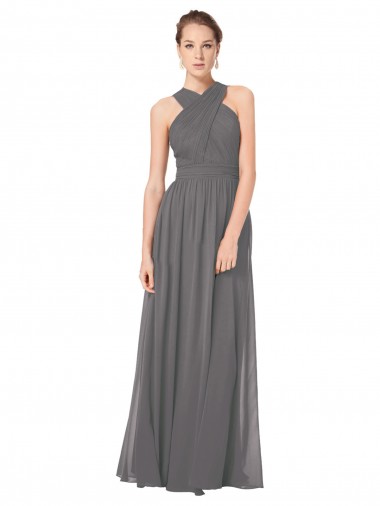 Sleeveless Halter Neck Soft Chiffon Stormy Silver Long Bridesmaid Dress Adelaide