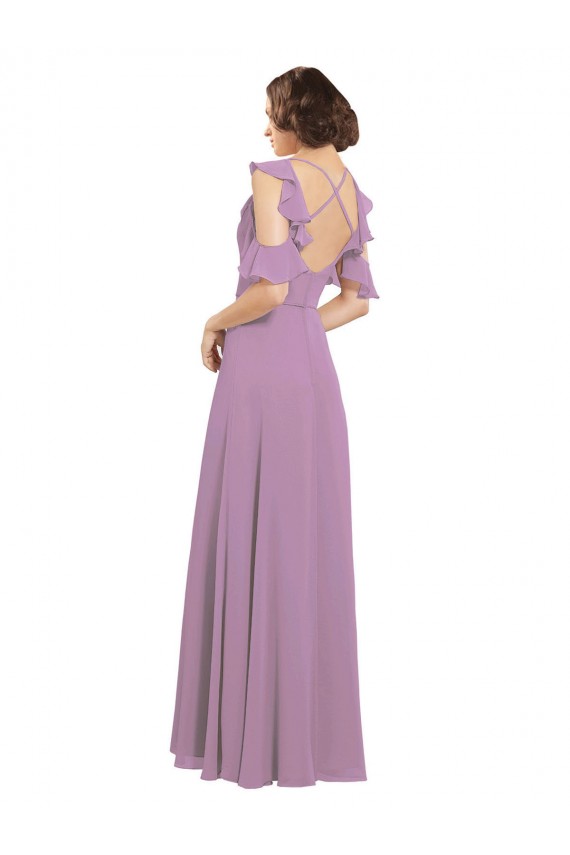 Cold Shoulder High Neck Soft Chiffon Dark Lavender Long Bridesmaid Dresses Adelaide