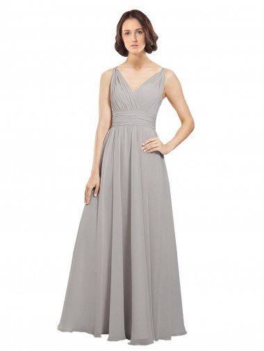 Sleeveless V-Neck Soft Chiffon Oyster Silver Long Bridesmaid Dress Adelaide
