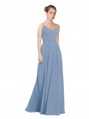 Sleeveless V-Neck Soft Chiffon Dusty Blue Long Evening Dress / Bridesmaid Dress Adelaide