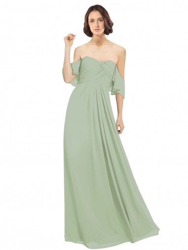 Cold Shoulder Off the Shoulder Soft Chiffon Smoke Green Long Bridesmaid Dress Adelaide