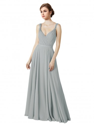 Sleeveless V-Neck Chiffon Silver Long Bridesmaid Dress / Evening Dress Adelaide