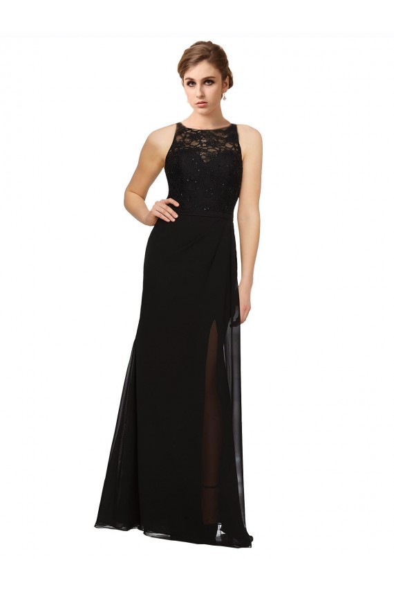Sleeveless High Neck Soft Chiffon & Lace Black Long Bridesmaid Dress Adelaide