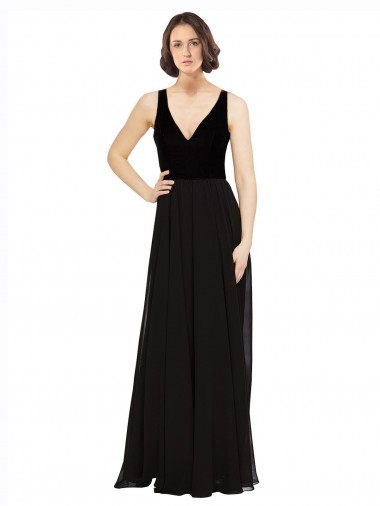 Sleeveless V-Neck Soft Chiffon & Velvet Black Long Prom Dress / Bridesmaid Dress Adelaide