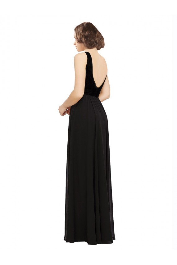 Sleeveless V-Neck Soft Chiffon & Velvet Black Long Prom Dress / Bridesmaid Dress Adelaide