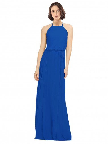 Sleeveless Jewel Neck Soft Chiffon Royal Blue Long Bridal Party Dress Adelaide