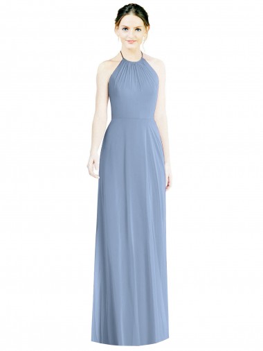 Sleeveless Halter Neck Chiffon Dusty Blue Long Floor Length Bridesmaid Dress Adelaide