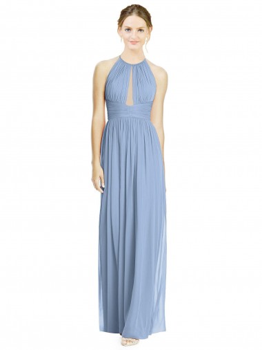 Sleeveless Halter Neck Chiffon Dusty Blue Long Wedding Party Dress Adelaide