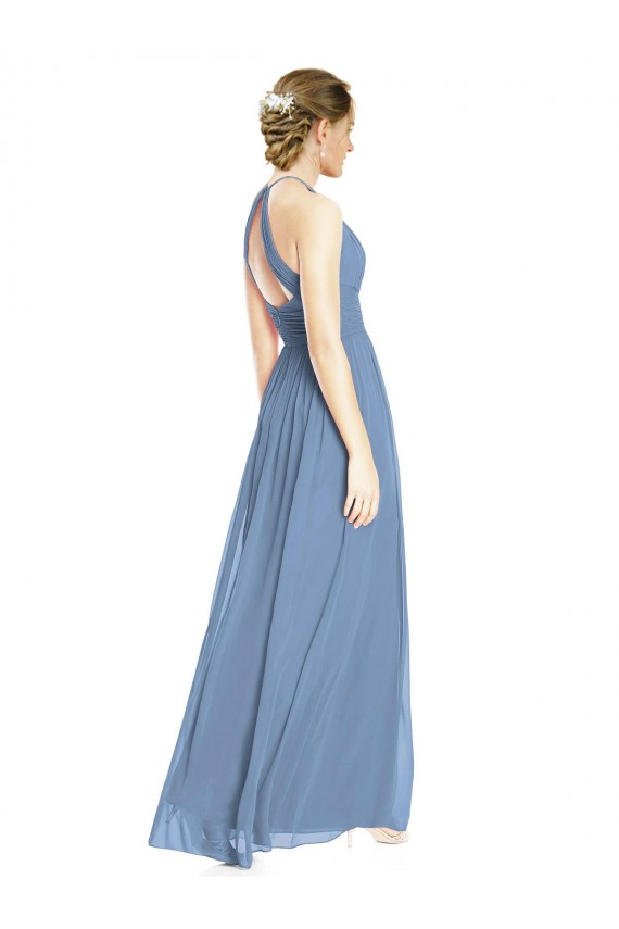 Sleeveless Halter Neck Chiffon Dusty Blue Long Wedding Party Dress Adelaide
