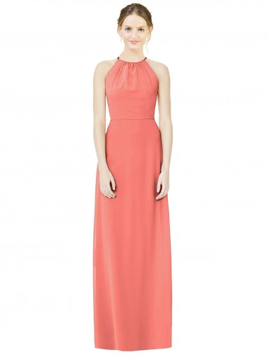 Sleeveless Halter Neck Soft Chiffon Coral Long Bridesmaid Dress Adelaide