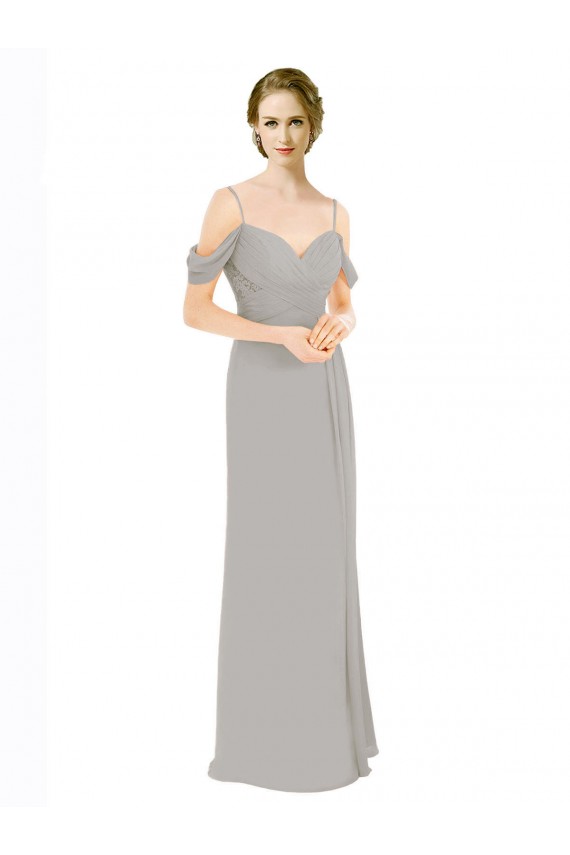Cold Shoulder Sweetheart Soft Chiffon & Lace Silver Long Bridesmaid Dress Adelaide