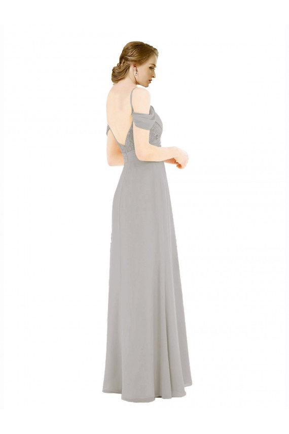 Cold Shoulder Sweetheart Soft Chiffon & Lace Silver Long Bridesmaid Dress Adelaide