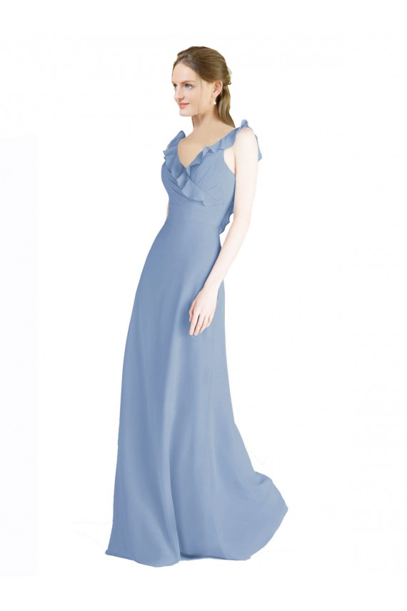 Sleeveless V-Neck Chiffon Dusty Blue Long Floor Length Bridesmaid Dress Adelaide