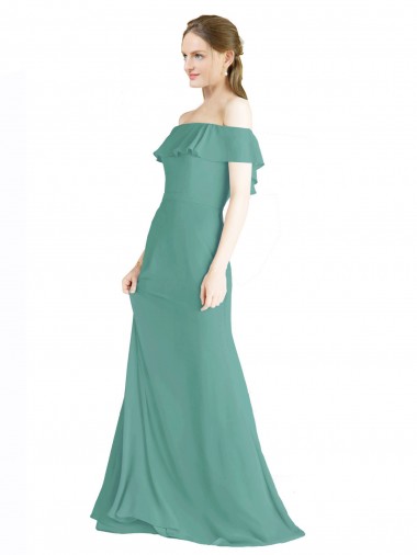 Sleeveless Off the Shoulder Soft Chiffon Icelandic Silver Long Bridal Party Dress Adelaide