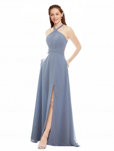 Sleeveless High Neck Soft Chiffon Dusty Blue Long Evening Dress / Bridal Party Dress Adelaide