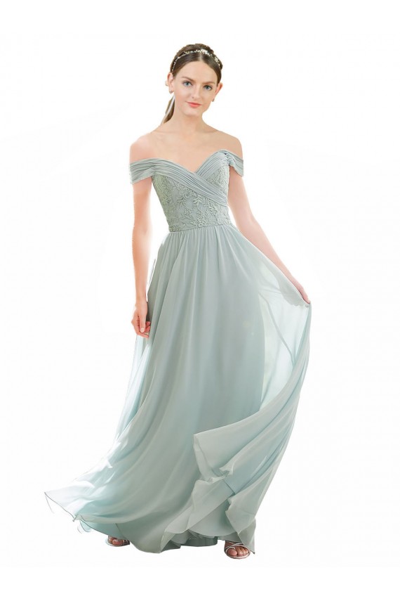 Cap Sleeves Off the Shoulder Soft Chiffon & Lace Sea Glass Long Bridesmaid Dress Adelaide