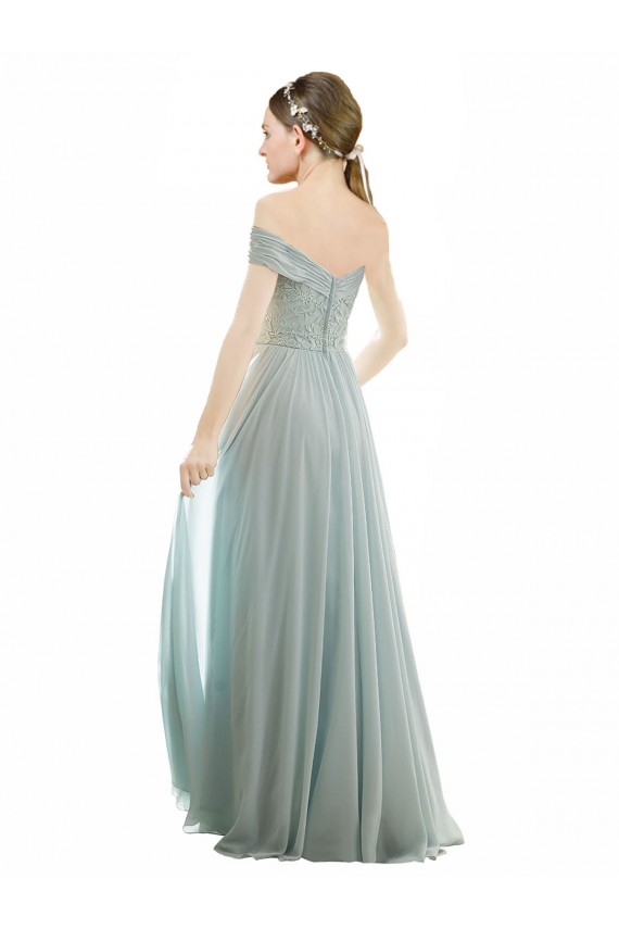 Cap Sleeves Off the Shoulder Soft Chiffon & Lace Sea Glass Long Bridesmaid Dress Adelaide