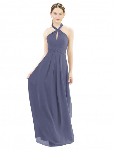 Sleeveless Halter Neck Soft Chiffon Silver Stone Long Bridesmaid Dress Adelaide