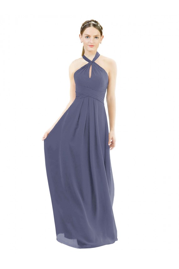 Sleeveless Halter Neck Soft Chiffon Silver Stone Long Bridesmaid Dress Adelaide