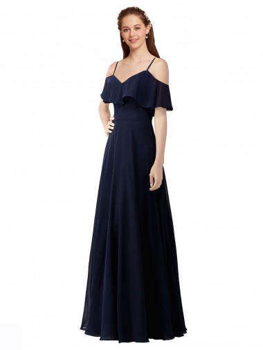 Sleeveless V-Neck Soft Chiffon Dark Navy Long Bridesmaid Dress Adelaide