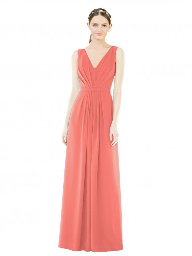 Sleeveless V-Neck Soft Chiffon Coral A-Line Long Bridesmaid Dress Adelaide