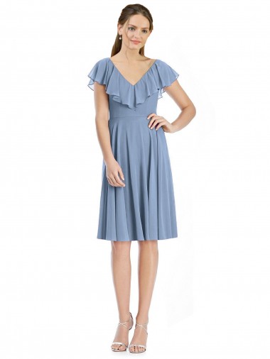 Cap Sleeves V-Neck Soft Chiffon Dusty Blue Cocktail Length Bridesmaid Dress Adelaide