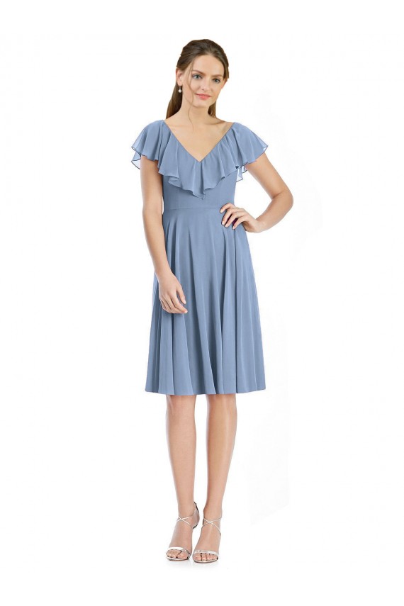 Cap Sleeves V-Neck Soft Chiffon Dusty Blue Cocktail Length Bridesmaid Dress Adelaide