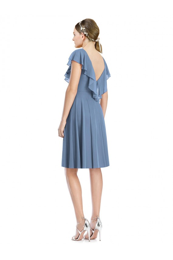 Cap Sleeves V-Neck Soft Chiffon Dusty Blue Cocktail Length Bridesmaid Dress Adelaide