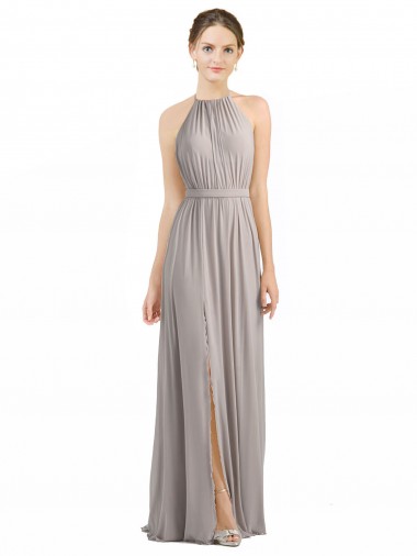 Sleeveless Halter Neck Soft Chiffon Oyster Silver Long Bridesmaid Dress Adelaide