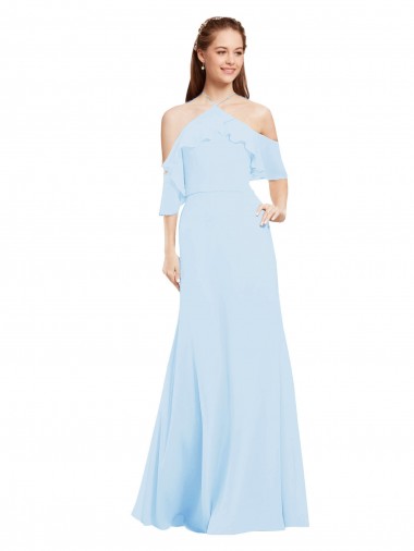 Cold Shoulder Halter Neck Soft Chiffon Light Sky Blue Long Formal Dress / Bridesmaid Dress Adelaide