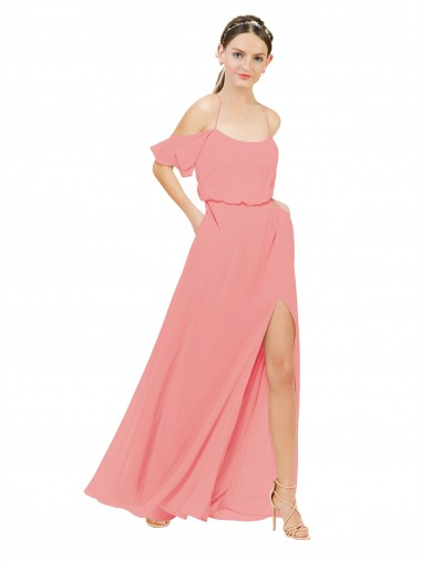 Sleeveless Off the Shoulder Soft Chiffon Watermelon Long Bridesmaid Dress Adelaide