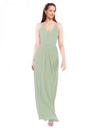 Sleeveless V-Neck Soft Chiffon Smoke Green Sheath Long Bridesmaid Dress Adelaide