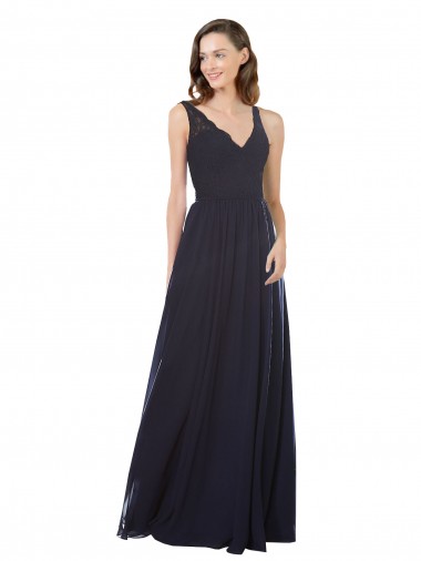 Sleeveless V-Neck Soft Chiffon & Lace Dark Navy Long Bridesmaid Dress Adelaide