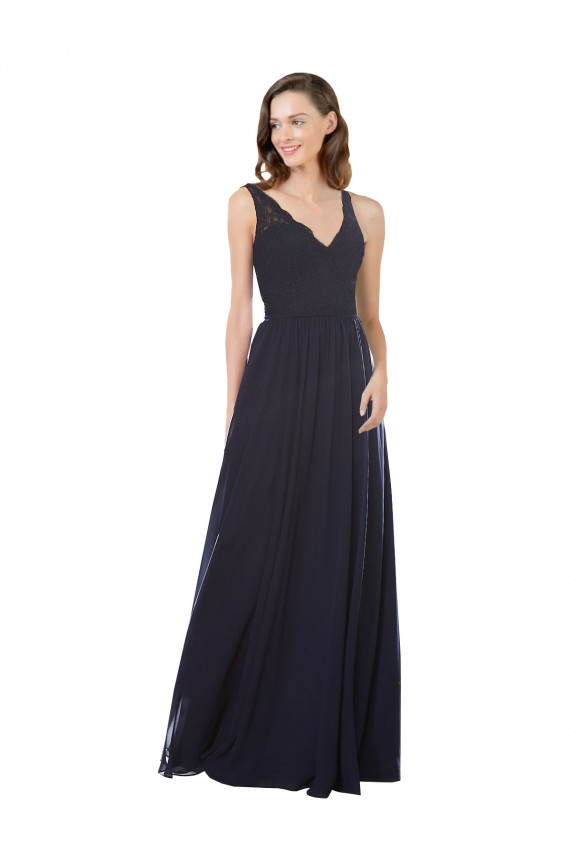 Sleeveless V-Neck Soft Chiffon & Lace Dark Navy Long Bridesmaid Dress Adelaide
