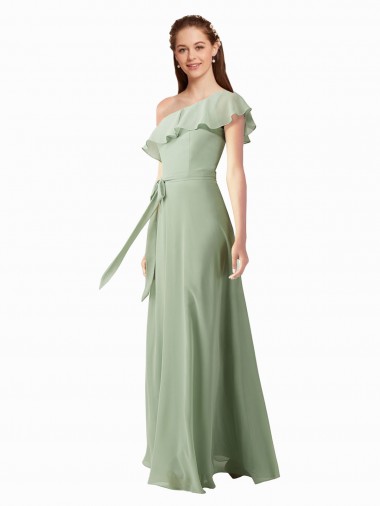 Flutter Sleeves One Shoulder Soft Chiffon Smoke Green Long Bridesmaid Dress Adelaide