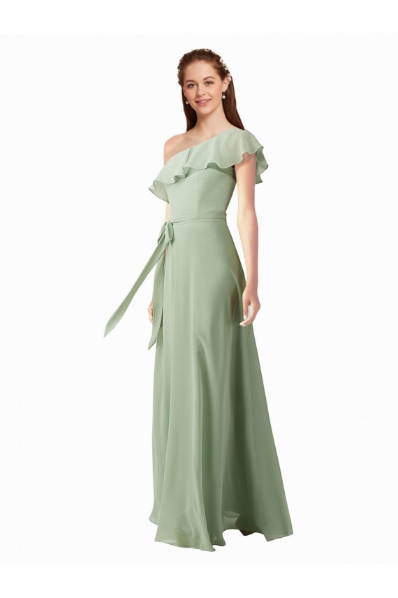 Flutter Sleeves One Shoulder Soft Chiffon Smoke Green Long Bridesmaid Dress Adelaide