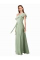 Flutter Sleeves One Shoulder Soft Chiffon Smoke Green Long Bridesmaid Dress Adelaide
