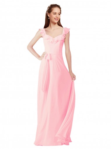 Cap Sleeves V-Neck Soft Chiffon Pink Long Bridesmaid Dress Adelaide