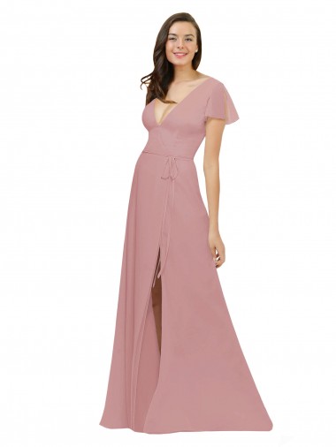 Flutter Sleeves V-Neck Chiffon Dusty Pink Long Bridesmaid Dress / Evening Dress Adelaide