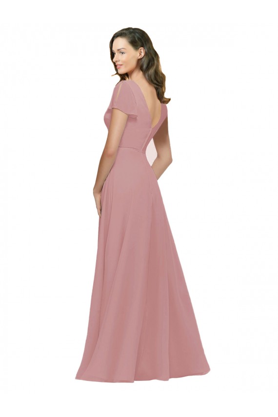 Flutter Sleeves V-Neck Chiffon Dusty Pink Long Bridesmaid Dress / Evening Dress Adelaide
