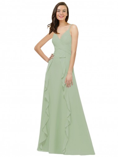 Sleeveless V-Neck Soft Chiffon Smoke Green Long Bridesmaid Dress Adelaide
