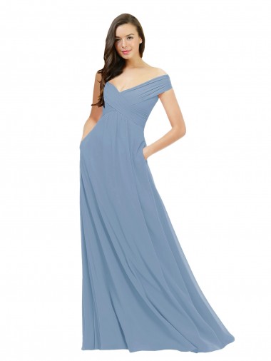 Sleeveless Off the Shoulder Chiffon Dusty Blue Long Bridesmaid Dress / Evening Gowns Adelaide