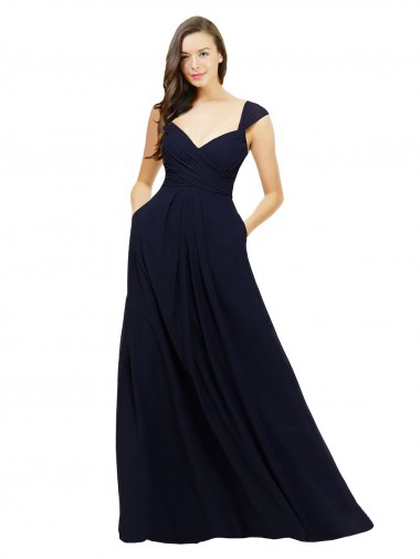 Sleeveless Sweetheart Chiffon Dark Navy Long Bridesmaid Gowns Adelaide