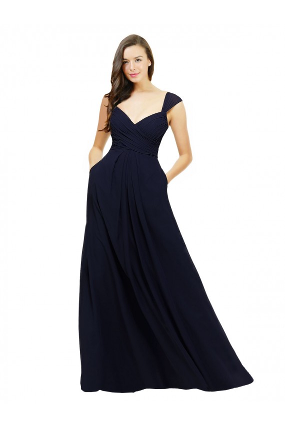 Sleeveless Sweetheart Chiffon Dark Navy Long Bridesmaid Gowns Adelaide