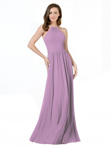 Sleeveless Halter Neck Soft Chiffon Dark Lavender Long Bridesmaid Dress Adelaide