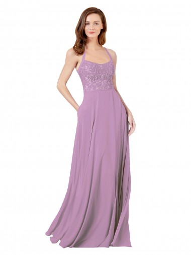 Sleeveless Spaghetti Straps Soft Chiffon & Lace Dark Lavender Long Bridesmaid Dress Adelaide