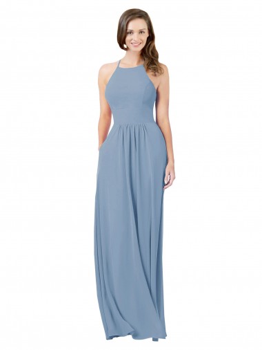 Sleeveless Halter Neck Chiffon Dusty Blue Long Bridesmaid Gowns Adelaide